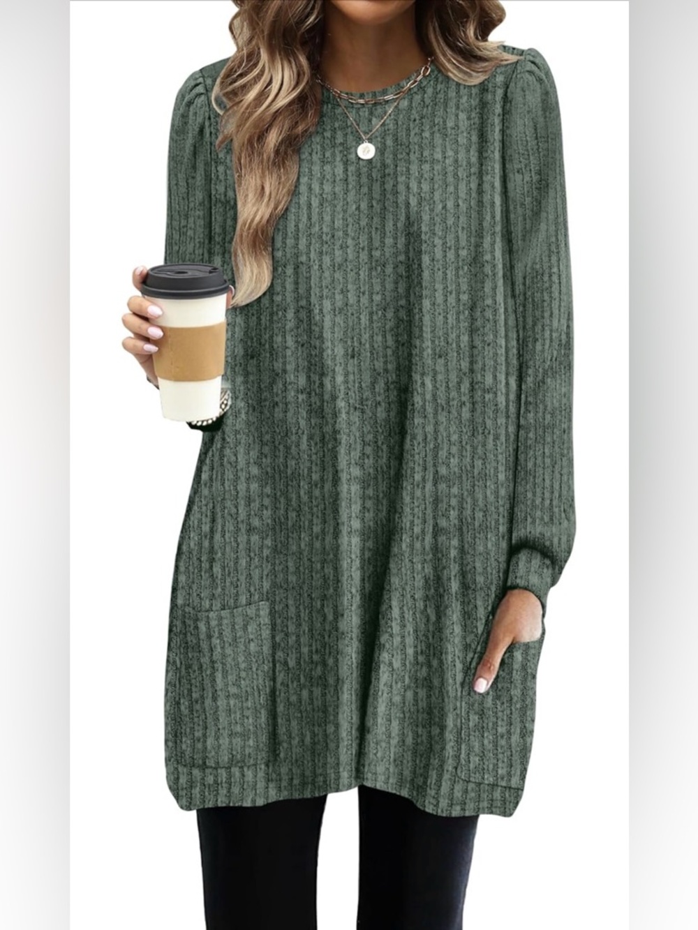 Cozy Scoop-Neck Ribbed Tunic Sweater in moss green